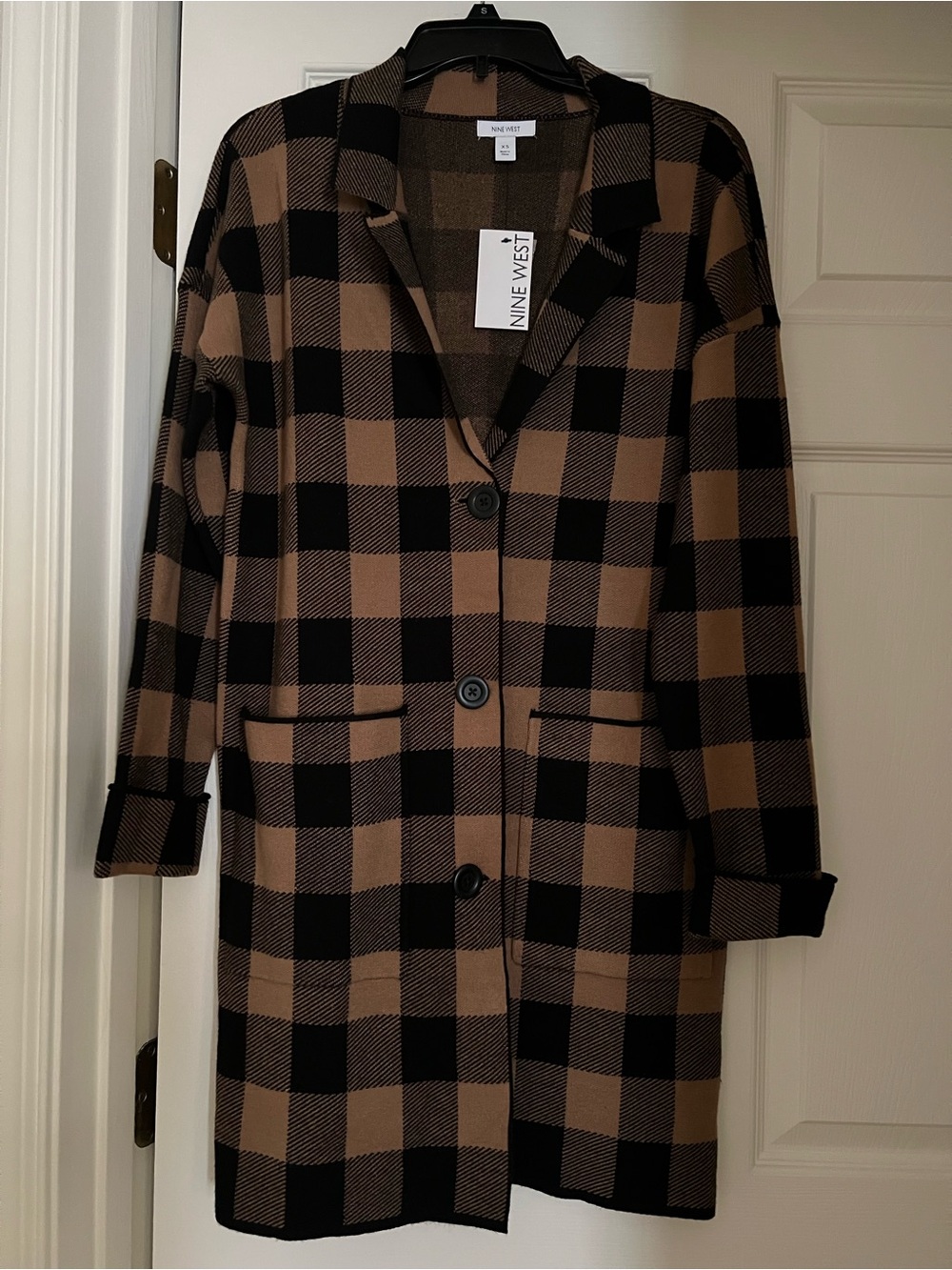 Nine West Black and Tan Plaid Long Trench Sweater